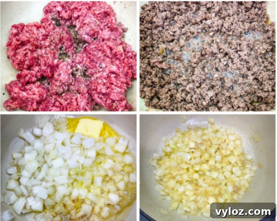 Savory Keto Cheeseburger Bliss 5 A collage showing the cooking process: raw ground beef, perfectly browned beef, and sautéed onions with butter, all prepared for keto cheeseburger soup.