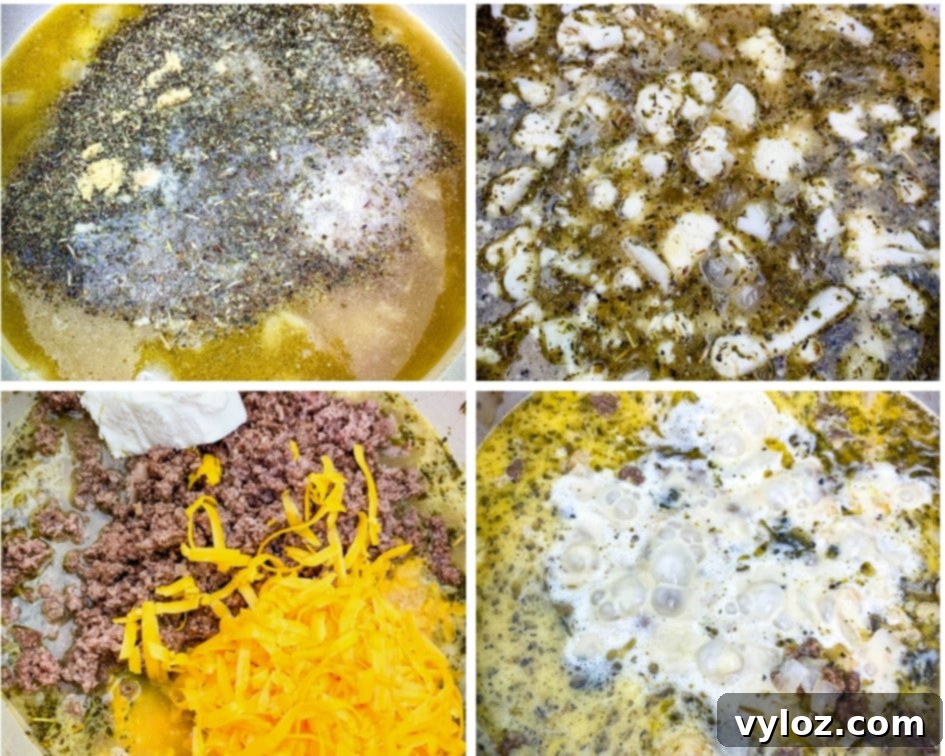 Savory Keto Cheeseburger Bliss 6 Rich, creamy keto cheeseburger soup simmering perfectly in a vibrant Dutch oven.