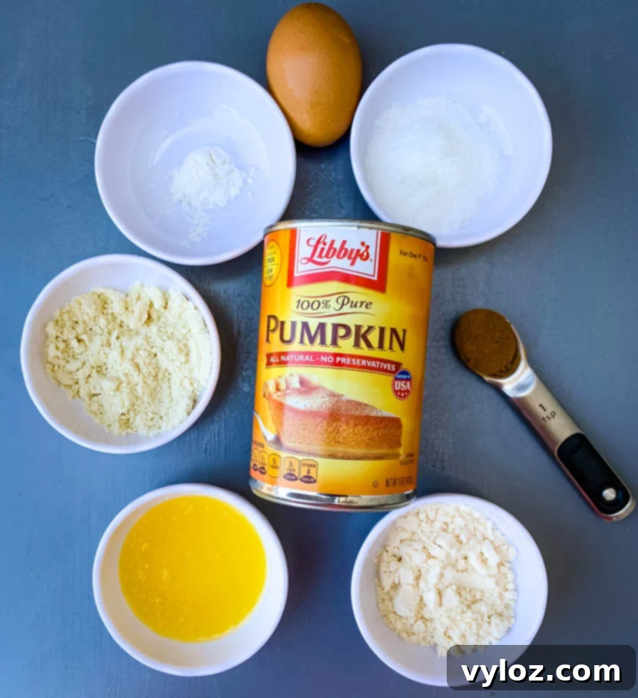 Cozy Pumpkin Spice Mug Bliss 3 sweetener, baking powder, almond flour, coconut flour, pumpkin, pumpkin pie sauce, melted butter, and an egg for keto low carb pumpkin mug cake