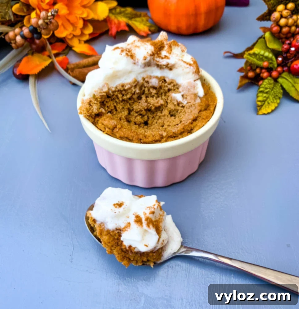 Cozy Pumpkin Spice Mug Bliss 7 a spoon serving of keto low carb pumpkin mug cake in a pink ramekin with whipped cream