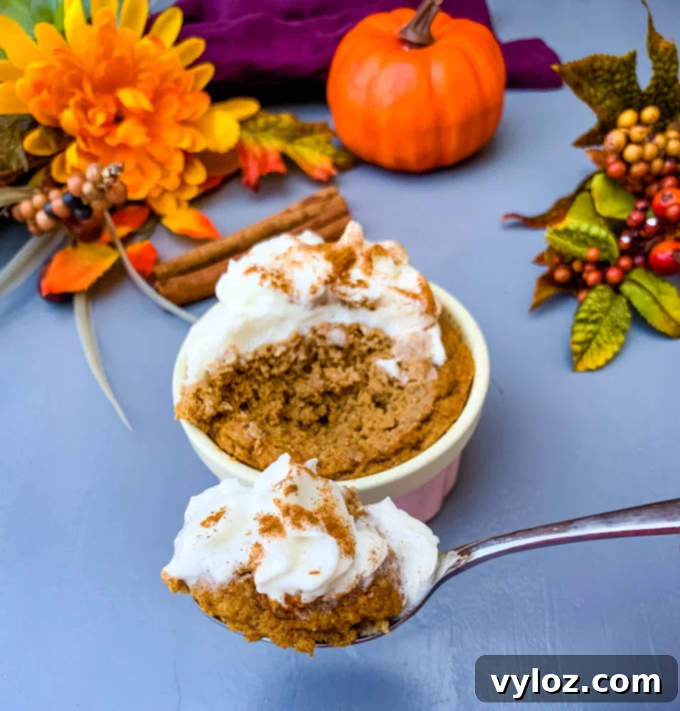 Cozy Pumpkin Spice Mug Bliss 8 a spoon serving of keto low carb pumpkin mug cake in a pink ramekin with whipped cream