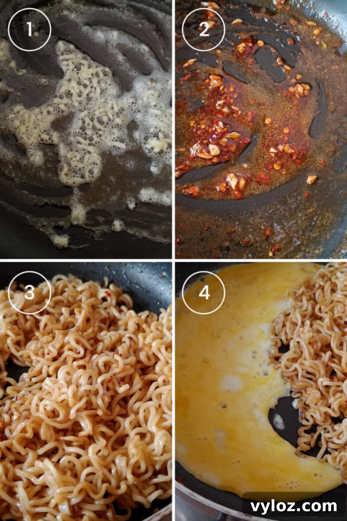 A visual sequence demonstrating the preparation of ramen scrambled eggs: crafting the savory sauce, gently tossing ramen noodles, perfectly scrambling eggs, and finally combining all elements for a cohesive dish.