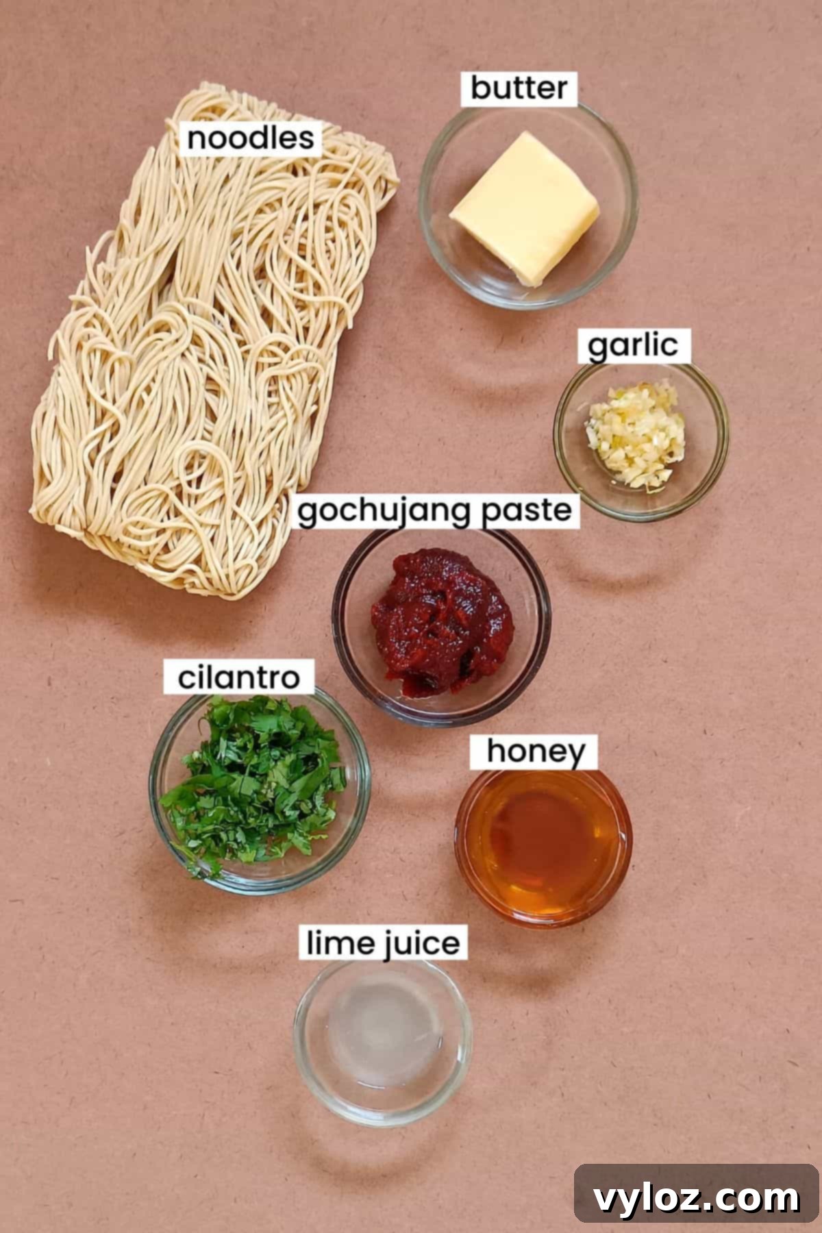 Gochujang buttered noodles recipe ingredients placed on an earthy background, including noodles, gochujang, honey, garlic, lime, and cilantro.