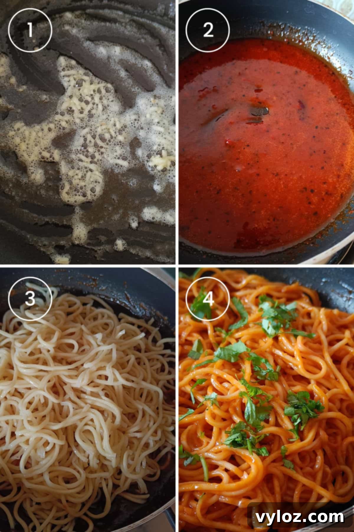 4 images showing sauteing garlic in butter, preparing the sauce with gochujang and honey, and tossing noodles in the gochujang buttered sauce.