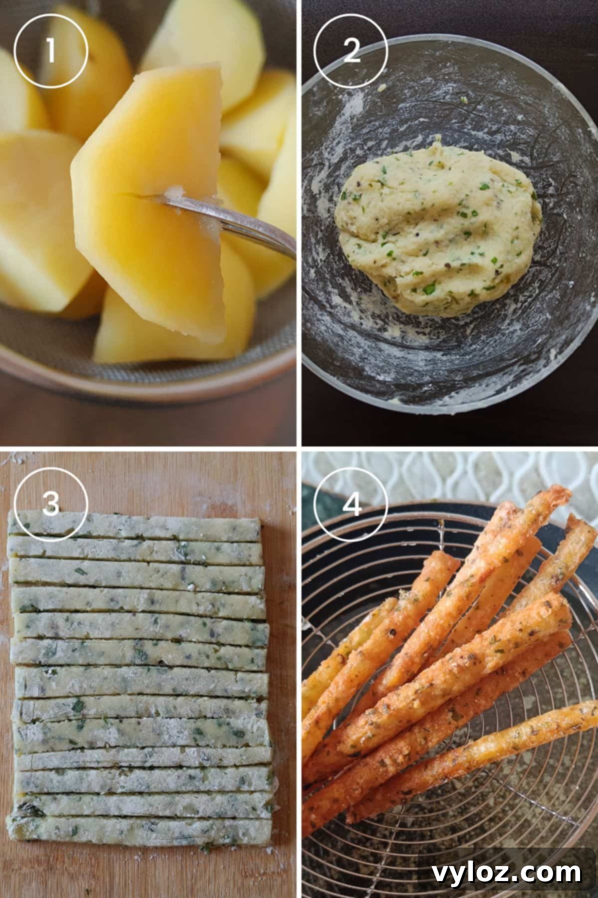 A four-panel image illustrating the process of making mashed potato fries, from boiling and mashing potatoes to shaping, cutting, and finally deep-frying them to golden perfection.