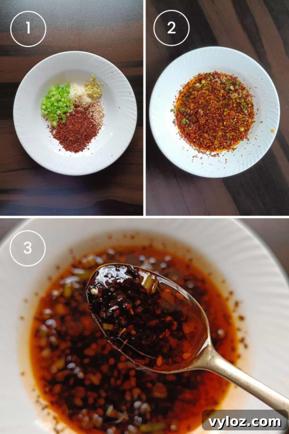 The Ultimate Wet Sauce 4 Three images showing the sequential steps of preparing wet wet sauce: placing aromatics and chili flakes in a pot, pouring hot oil over them, and stirring everything together.