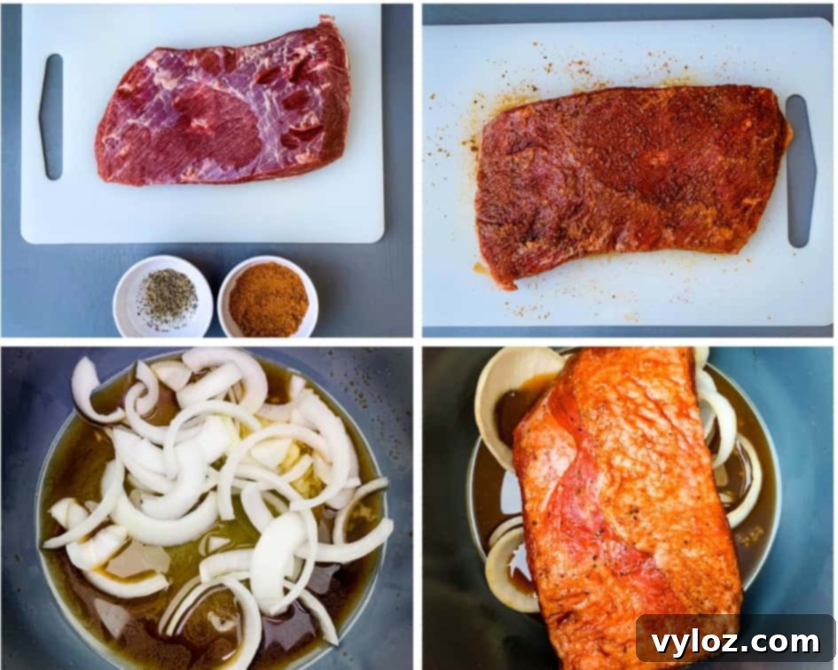 Tender Instant Pot Brisket 4 collage photo of 4 photos of raw brisket in an Instant Pot