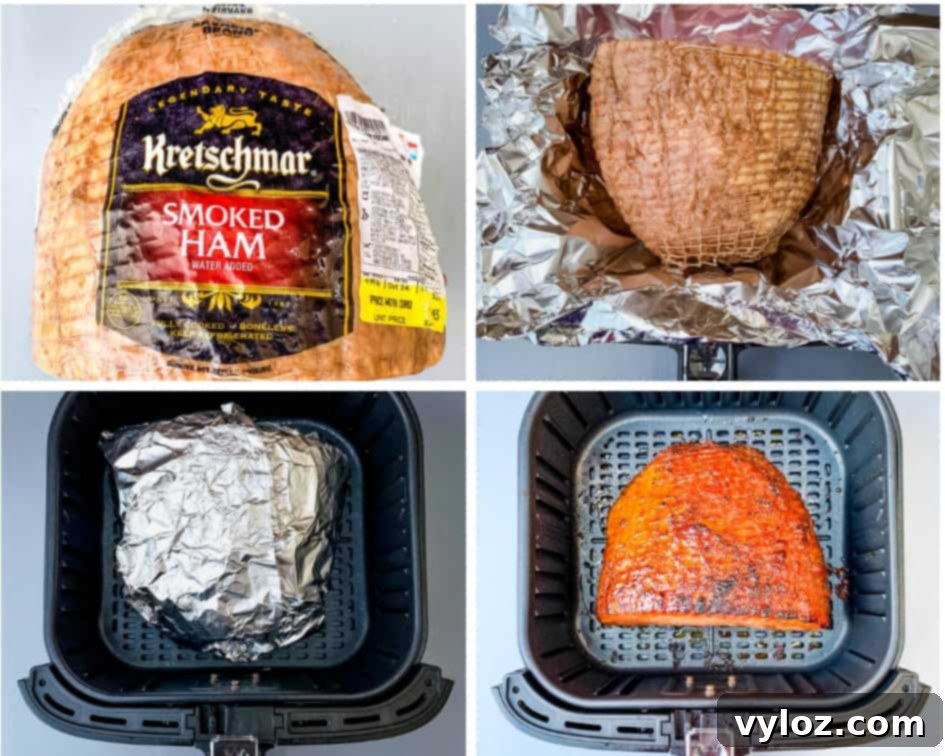 A boneless ham, glistening with glaze, is expertly placed within an air fryer, poised to be cooked to tender, caramelized perfection.
