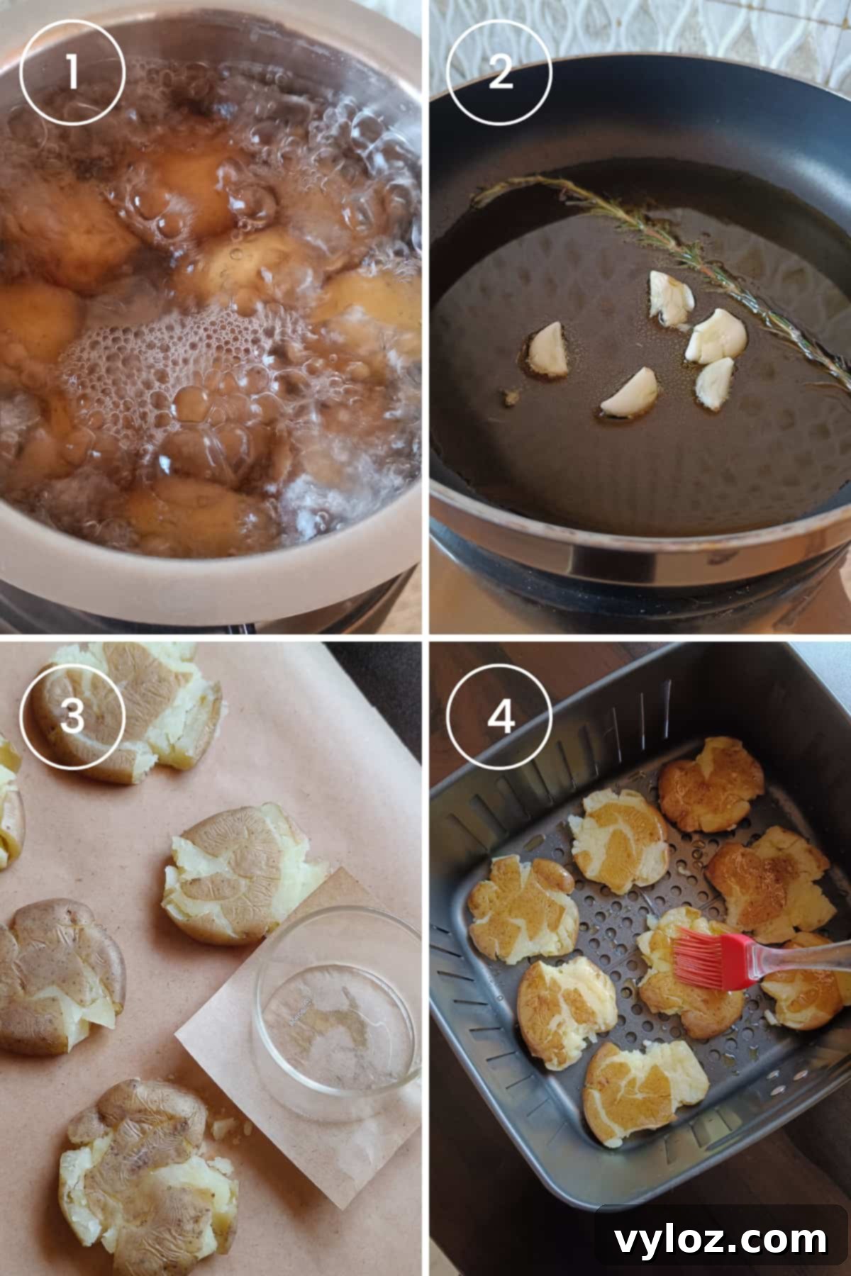 4 images showing boiling potatoes, preparing garlic oil, smashing and air frying smashed potatoes. 