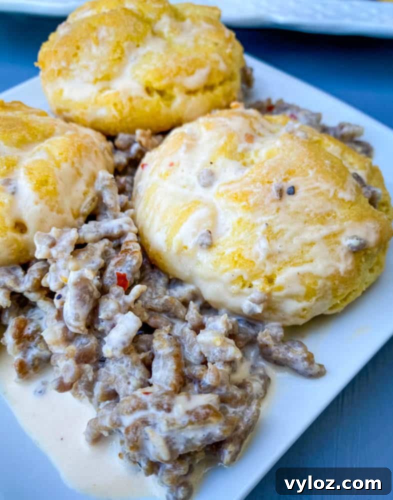 A close-up, appetizing view of a serving of keto low carb biscuits and gravy on a pristine white plate, highlighting the texture of the biscuits and the creamy gravy.
