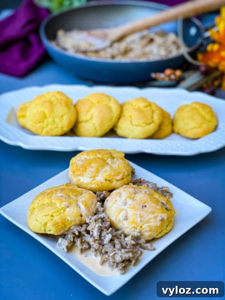 A perfectly portioned plate of keto low carb biscuits and gravy, showcasing a fluffy biscuit topped with creamy sausage gravy, ready to be eaten.