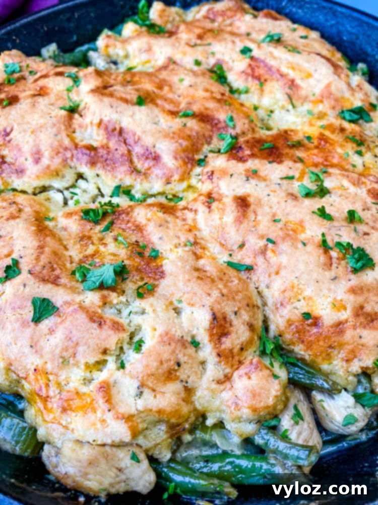 Freshly baked keto low carb chicken pot pie in a cast iron skillet, ready to be served