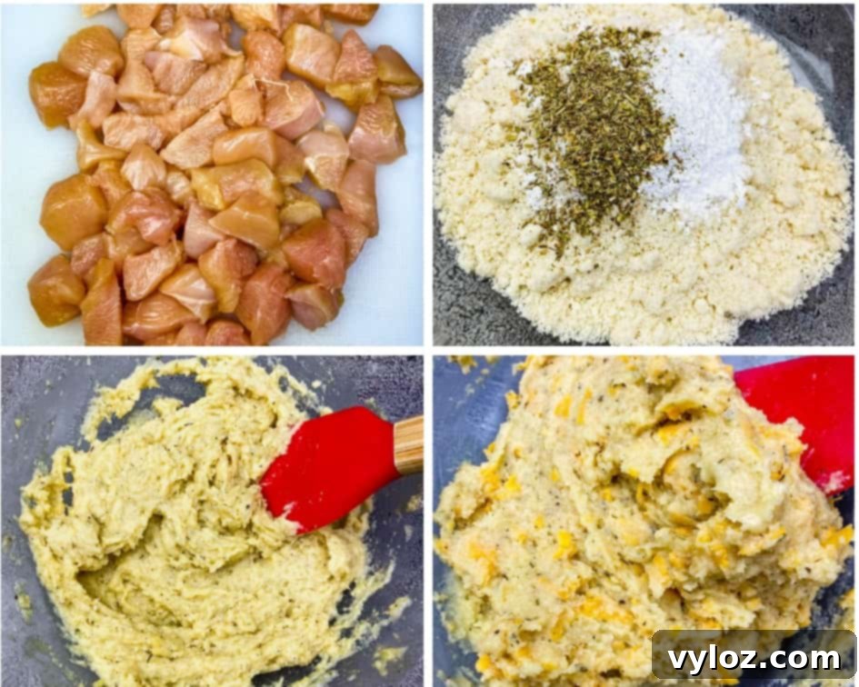 Collage photo showing cubed chicken, prepared keto chicken pot pie crust, and chicken with vegetables cooking in a cast iron skillet