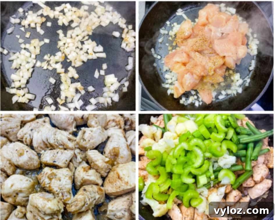 Collage photo showing chopped onions and cubed chicken breast in a cast iron skillet, cooking for a keto low carb chicken pot pie
