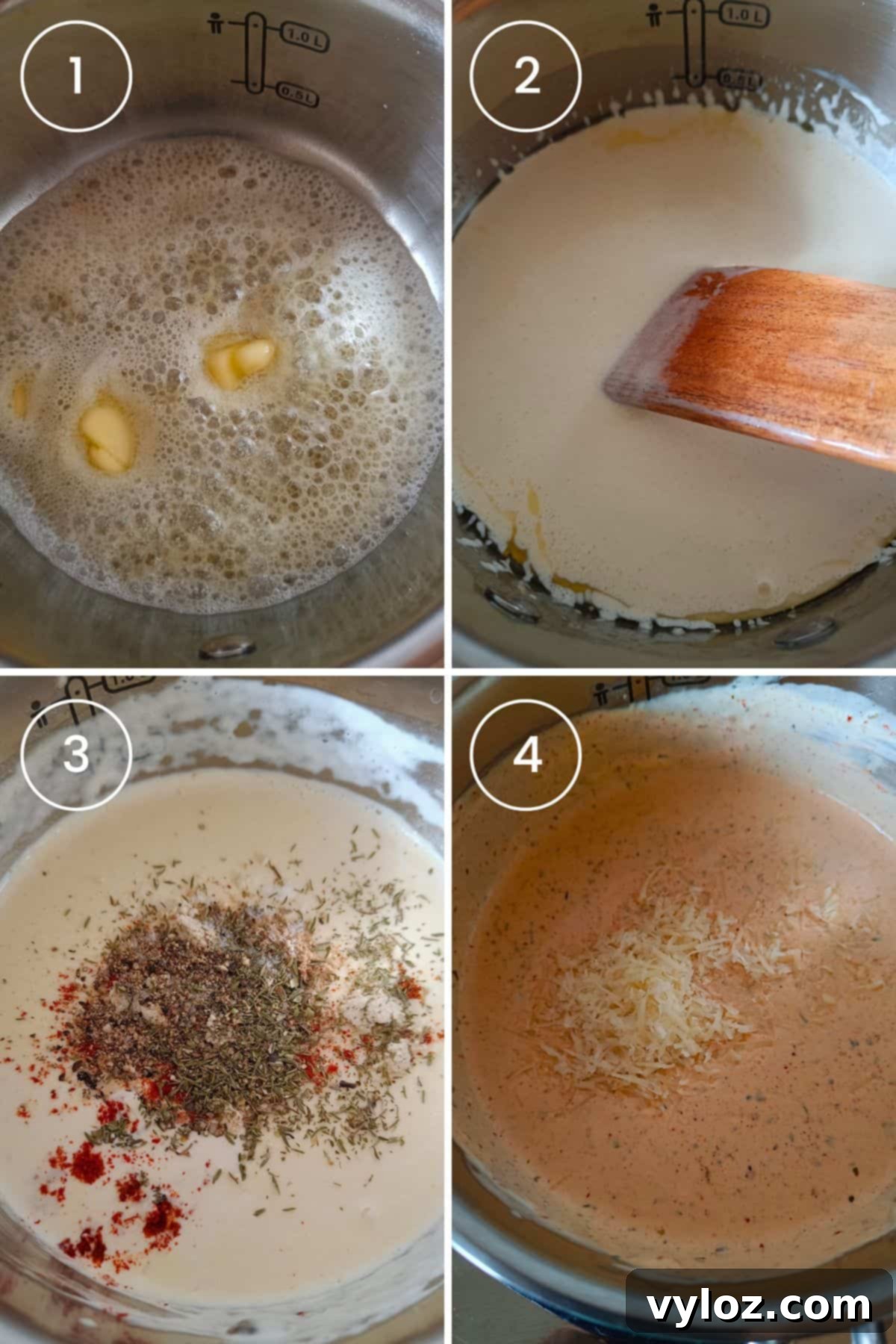 Four images showing melting butter, stirring heavy cream, adding seasoning, and adding cheese.
