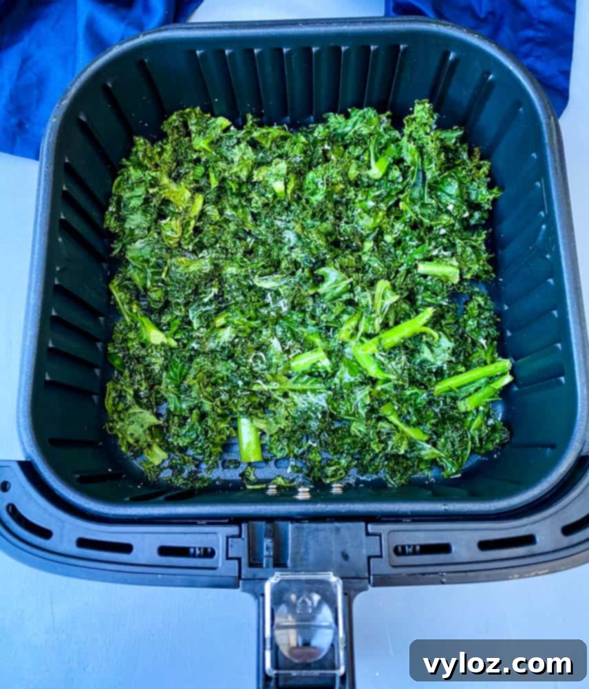 Air fryer basket filled with kale chips, partially cooked and crisping up