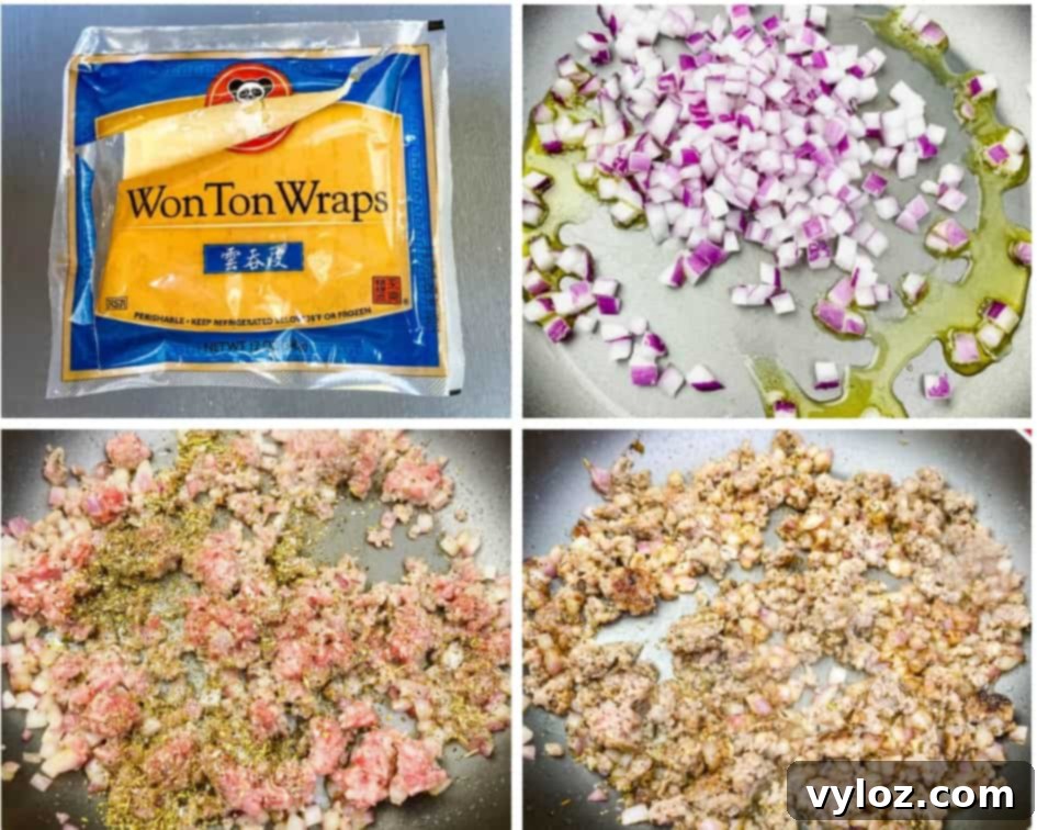 collage photo of wonton wrappers and cooked onions and ground sausage for air fryer pizza rolls recipe
