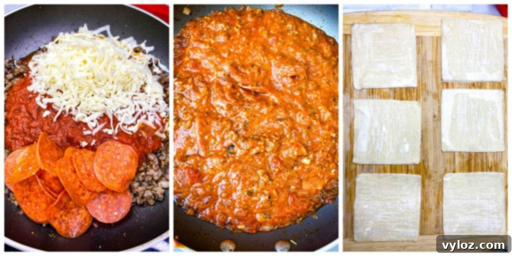 collage photo of mozzarella, marinara, pepperoni, and cooked sausage for air fryer pizza rolls recipe