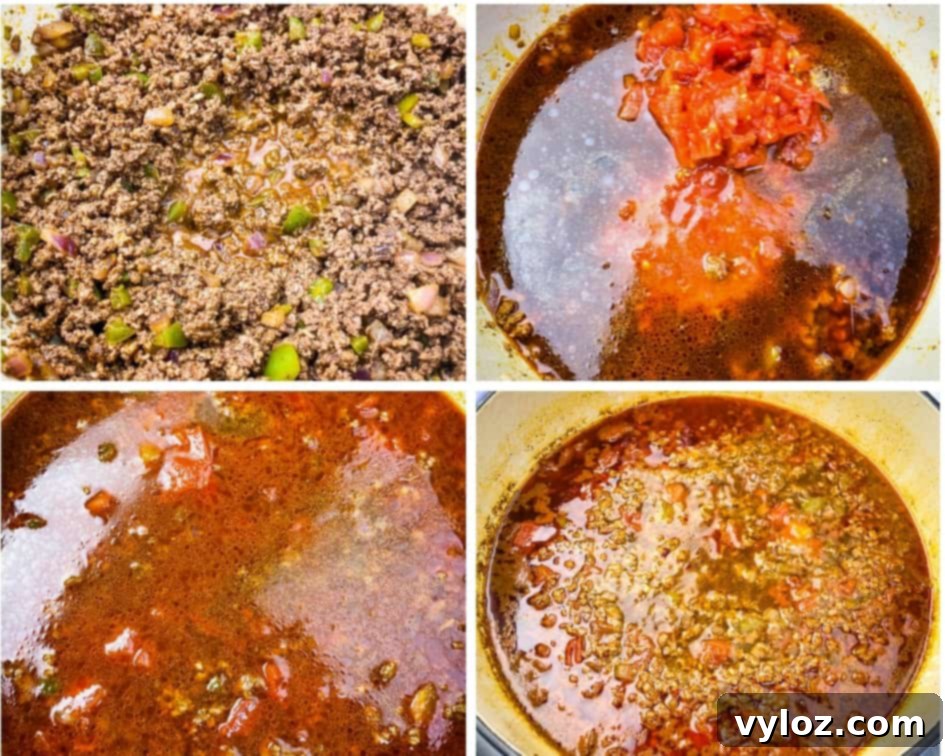 A collage photo showing ground beef browning with onions and green peppers in a pot, followed by beef broth being added to the mixture, for keto low-carb taco soup.