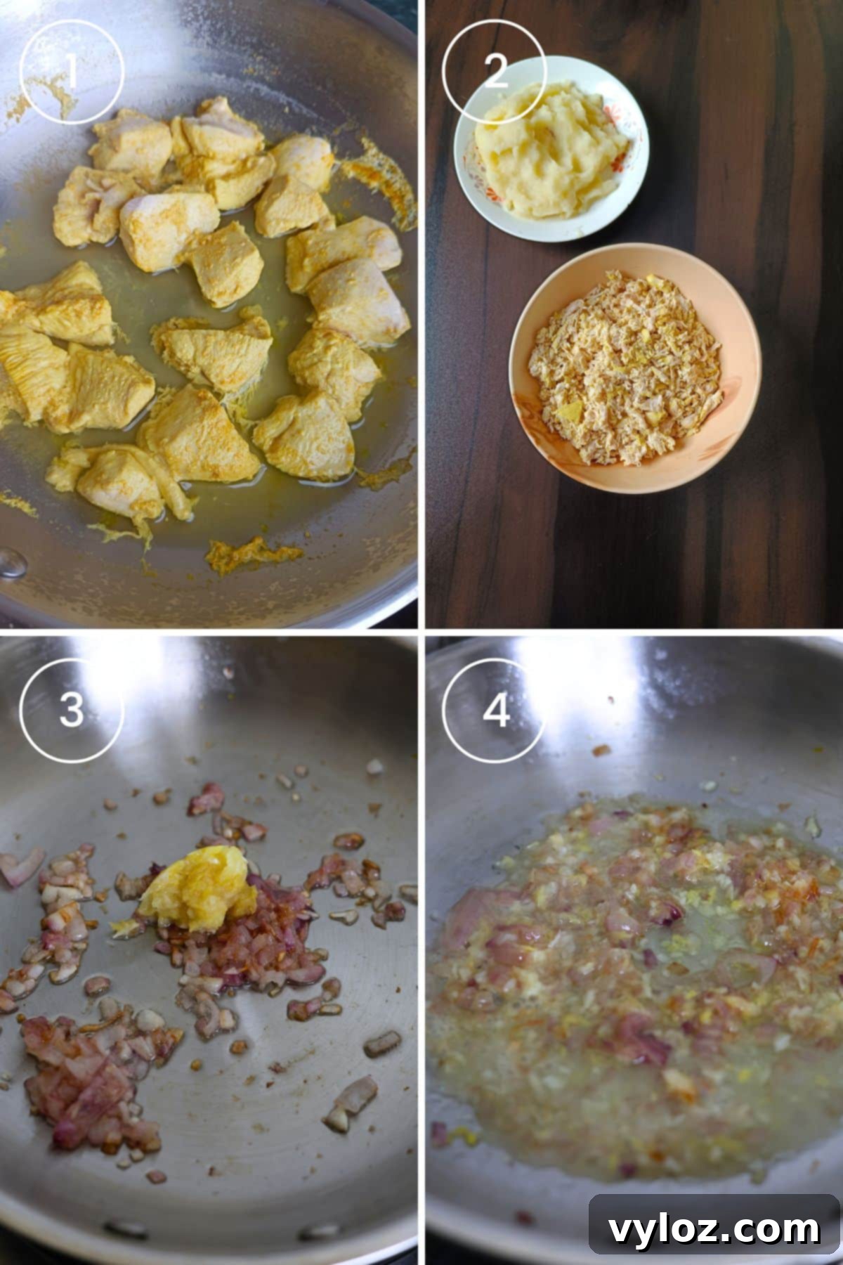 Four images showing cooking chicken cubes with spices, shredding cooked chicken, and sauteing chopped onions and ginger-garlic paste.