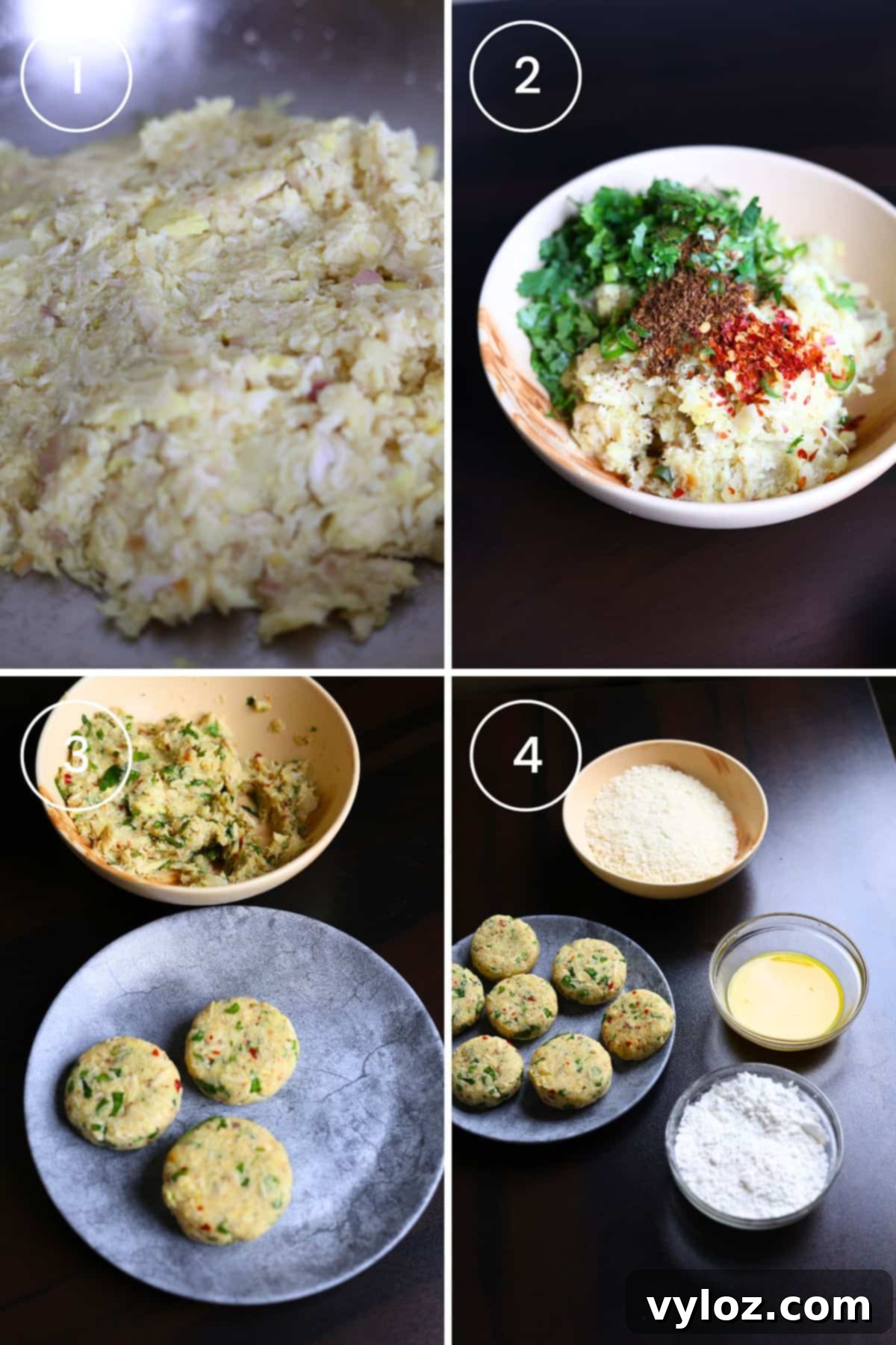 Four images showing the steps of combining shredded chicken and mashed potatoes with seasonings, shaping the mixture into patties, and coating them with breadcrumbs for a crispy exterior.