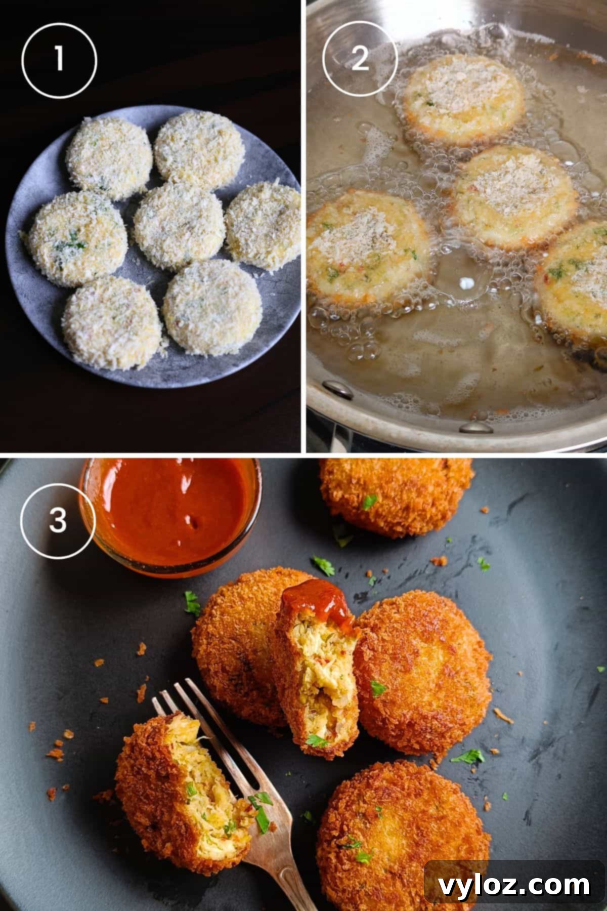Three images illustrating the cooking process: uncooked cutlets ready for frying, followed by golden-brown crispy cutlets frying in oil.