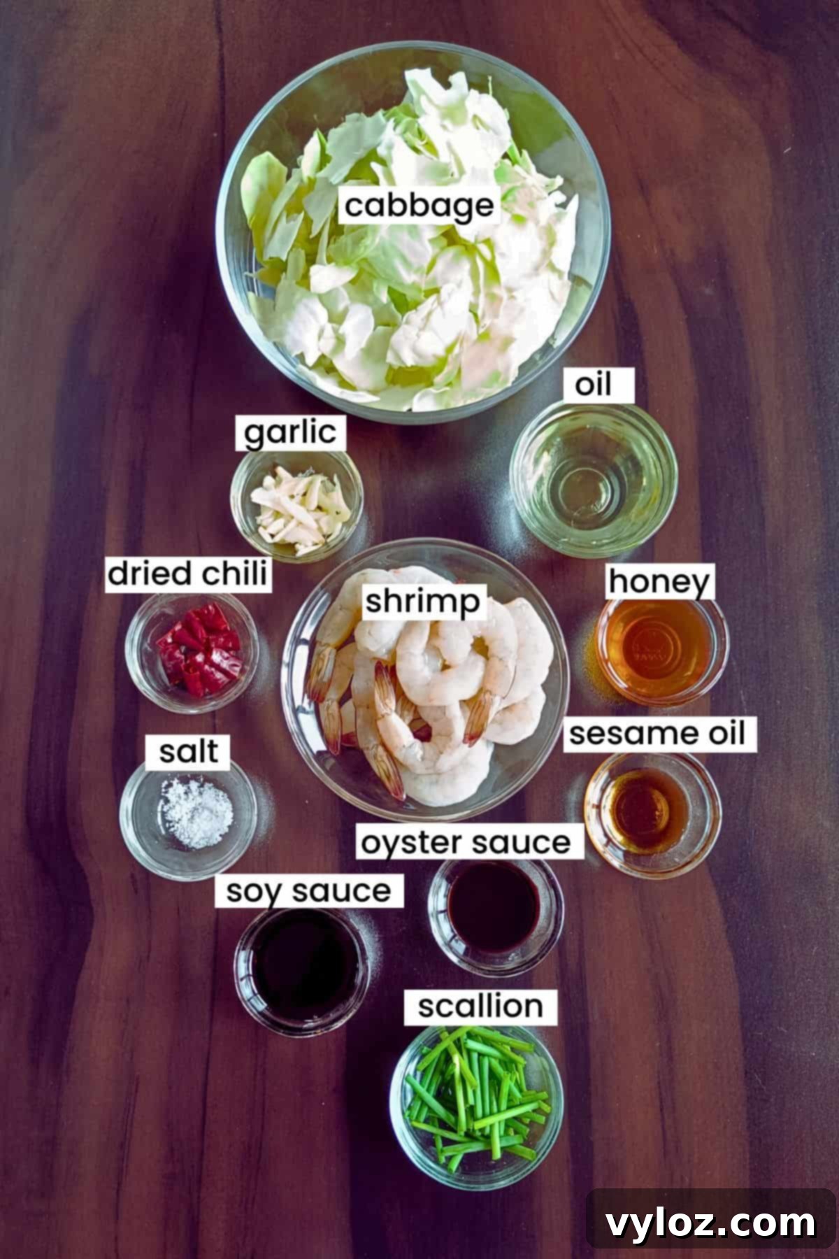 Individual ingredients for shrimp cabbage stir fry arranged on a rustic brown background.
