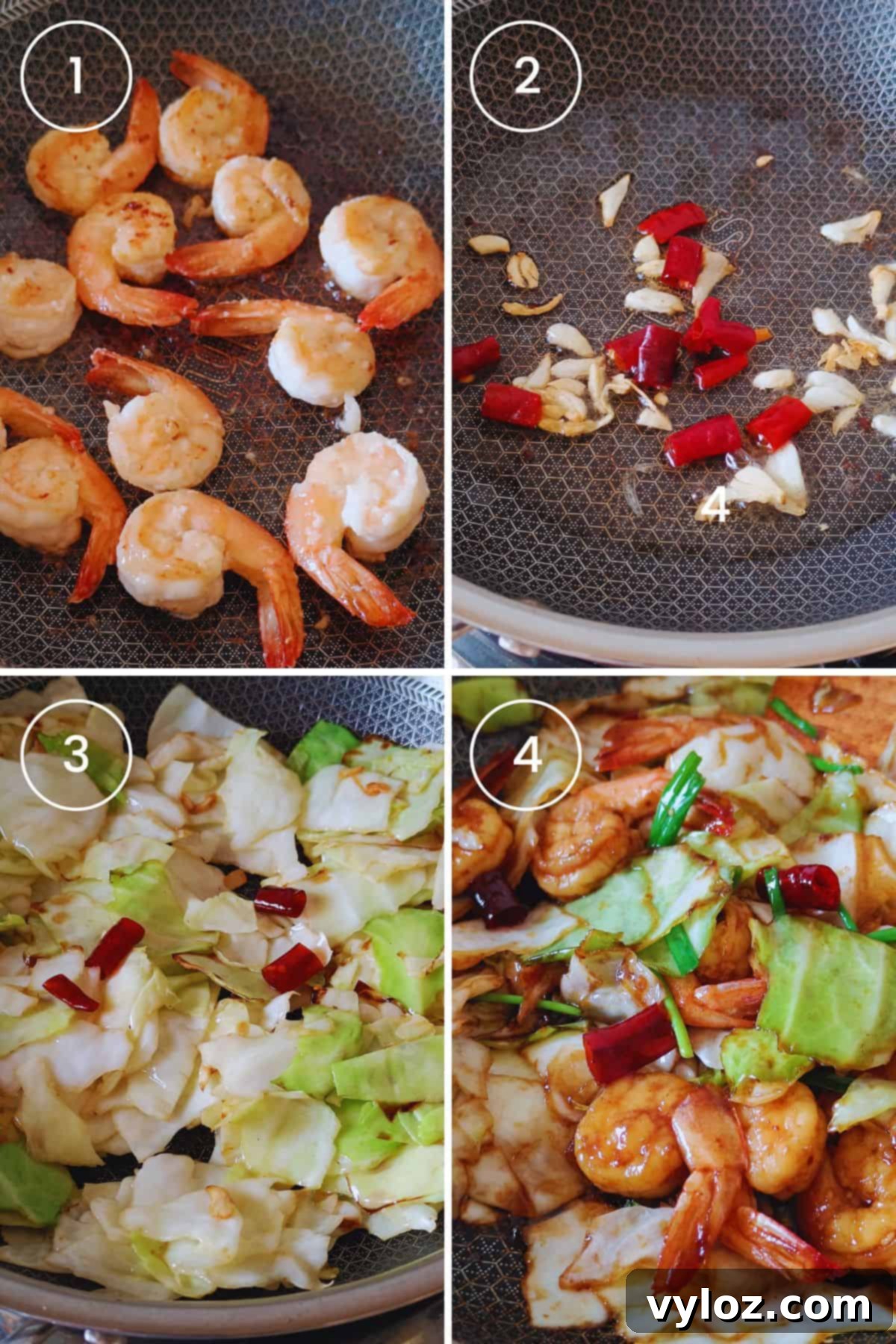 Collage of images showing shrimp cooking, aromatics sautéing, cabbage stir-frying, and final saucing of the stir fry.