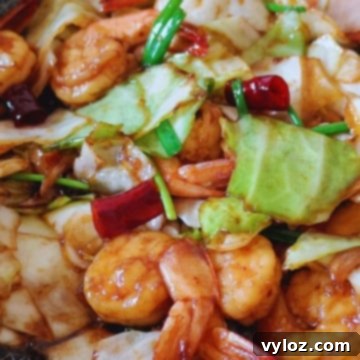 Close-up of vibrant prawn and cabbage stir fry ready to be served.