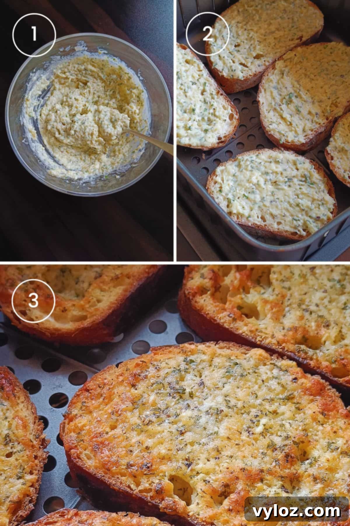 A three-panel image showing the process of making air fryer garlic bread: mixing garlic butter, spreading it on bread, and air frying until golden.