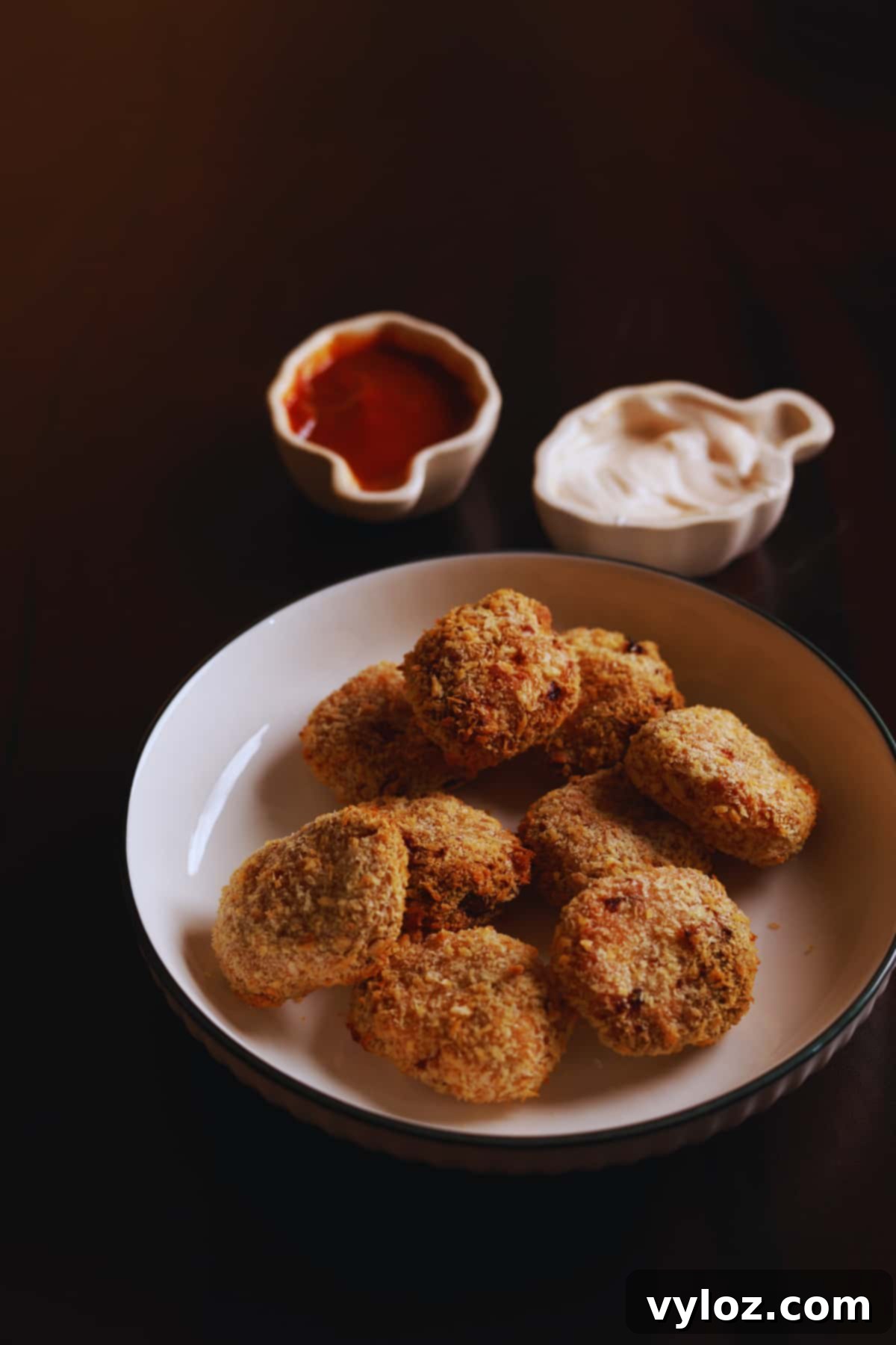 Crispy homemade chicken nuggets served on a white platter with various dipping sauces.