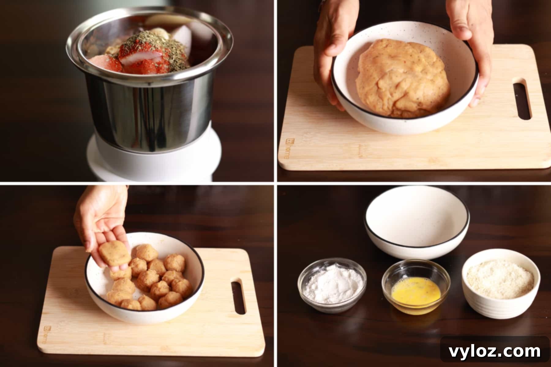 4 images showing grinding the chicken with spices, shaping nuggets, and arranging for breading.
