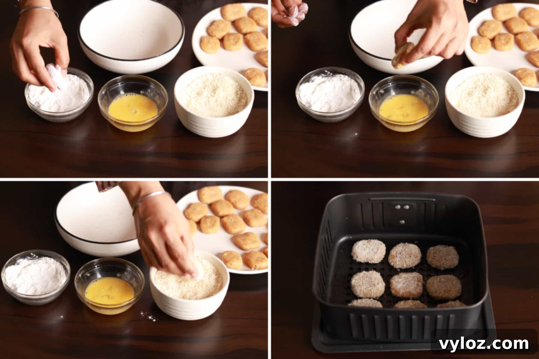 4 images showing breading the chicken nuggets in cornflour, beaten egg, and breadcrumbs, then air frying in a single layer.