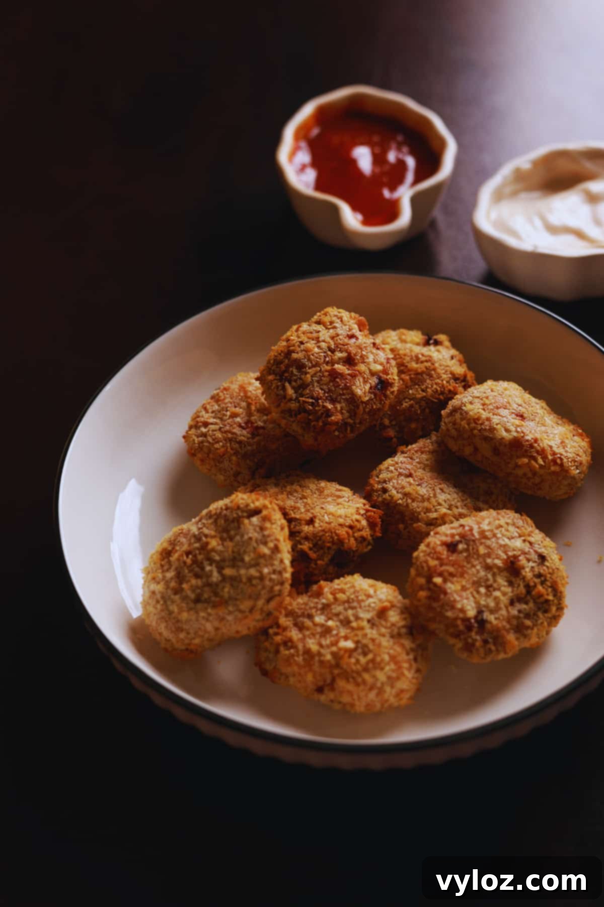 Air fryer chicken nuggets served on a white platter with dipping sauce.