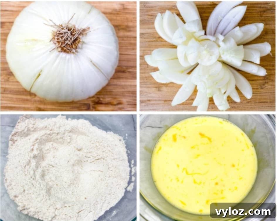 Restaurant-Style Air Fryer Blooming Onion 4 A perfectly sliced Vidalia onion alongside breading ingredients for an Air Fryer Blooming Onion.