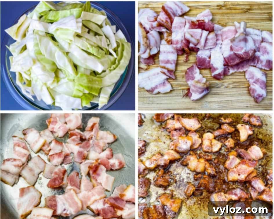 A collage of four process photos showing sliced cabbage and chopped bacon, essential steps for Southern fried cabbage.
