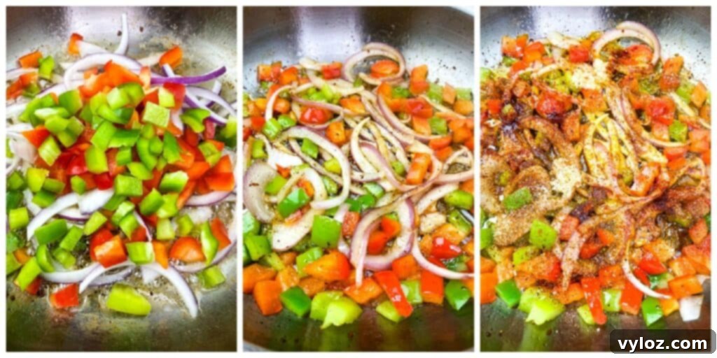 A collage of three process photos depicting onions, red, and green bell peppers sautéed to perfection in a pan for Southern fried cabbage.