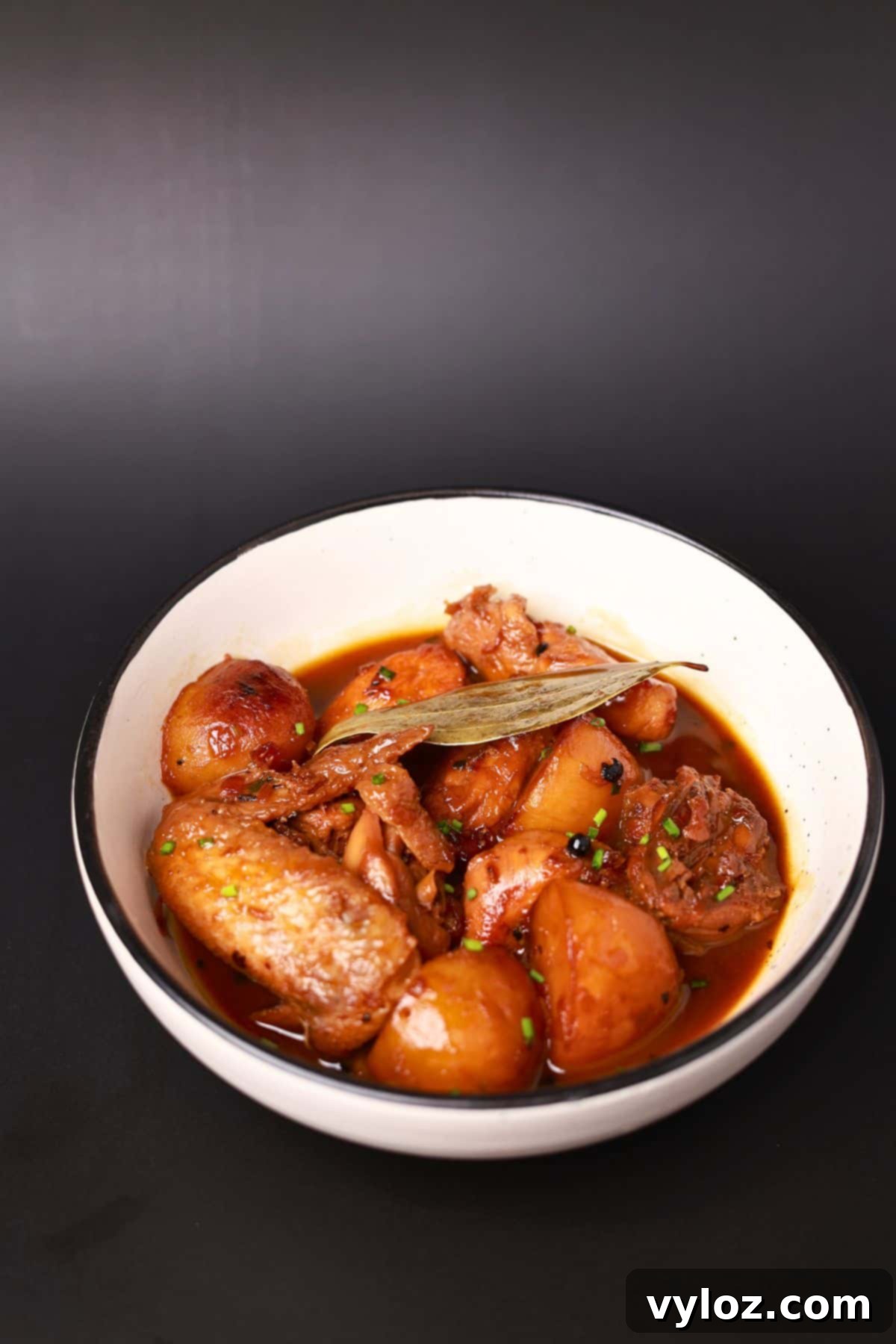 Tender soft chicken and potatoes in adobo sauce in a white bowl, garnished with fresh green onions.