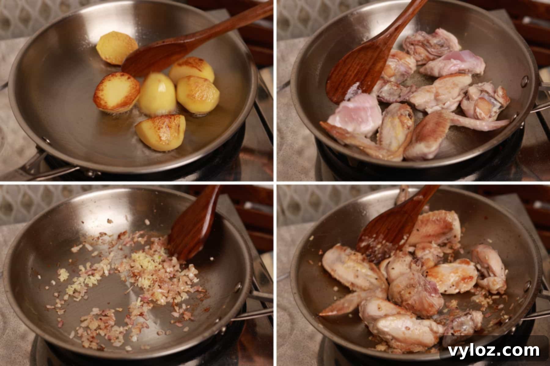 A collage of four images illustrating the initial cooking steps: sautéing potatoes, searing chicken, sautéing onions, and sautéing garlic.