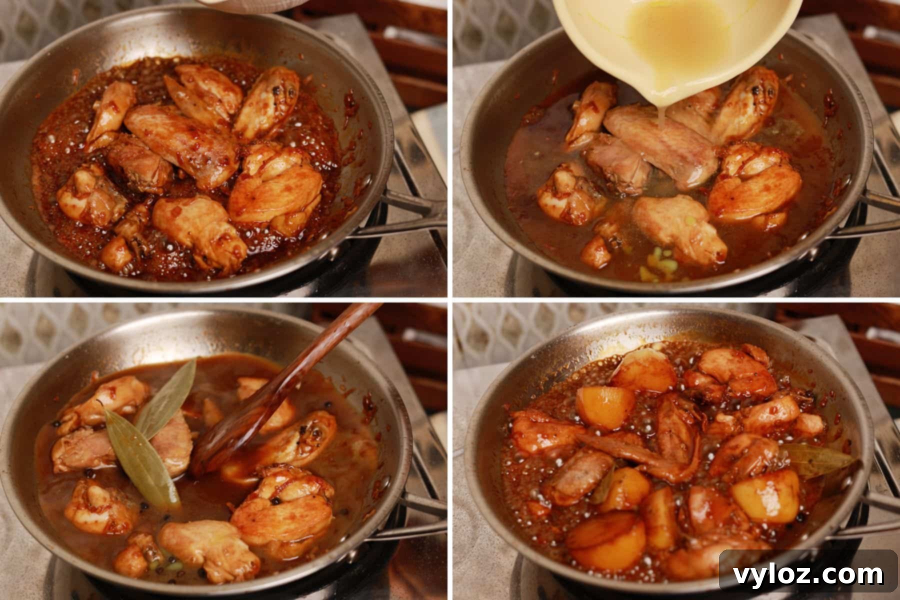 A sequence of four images showing the chicken being fried with sauces and vinegar, followed by the addition of chicken stock and the cooking process.