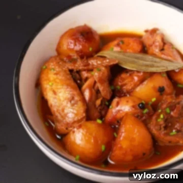 Chicken adobo with potatoes served in a white bowl.