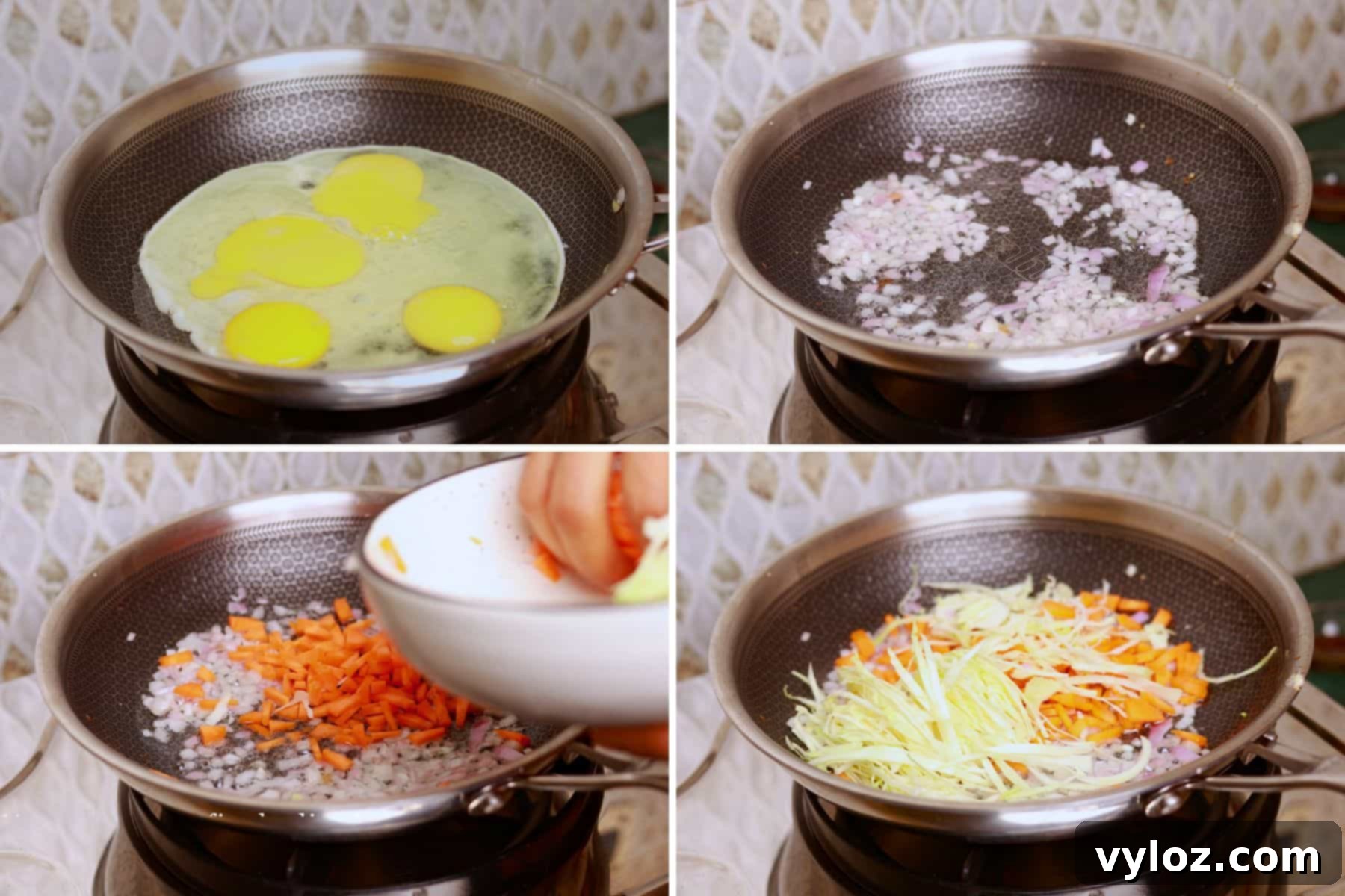 4 images showing cooking eggs, stir frying onion and vegetables.