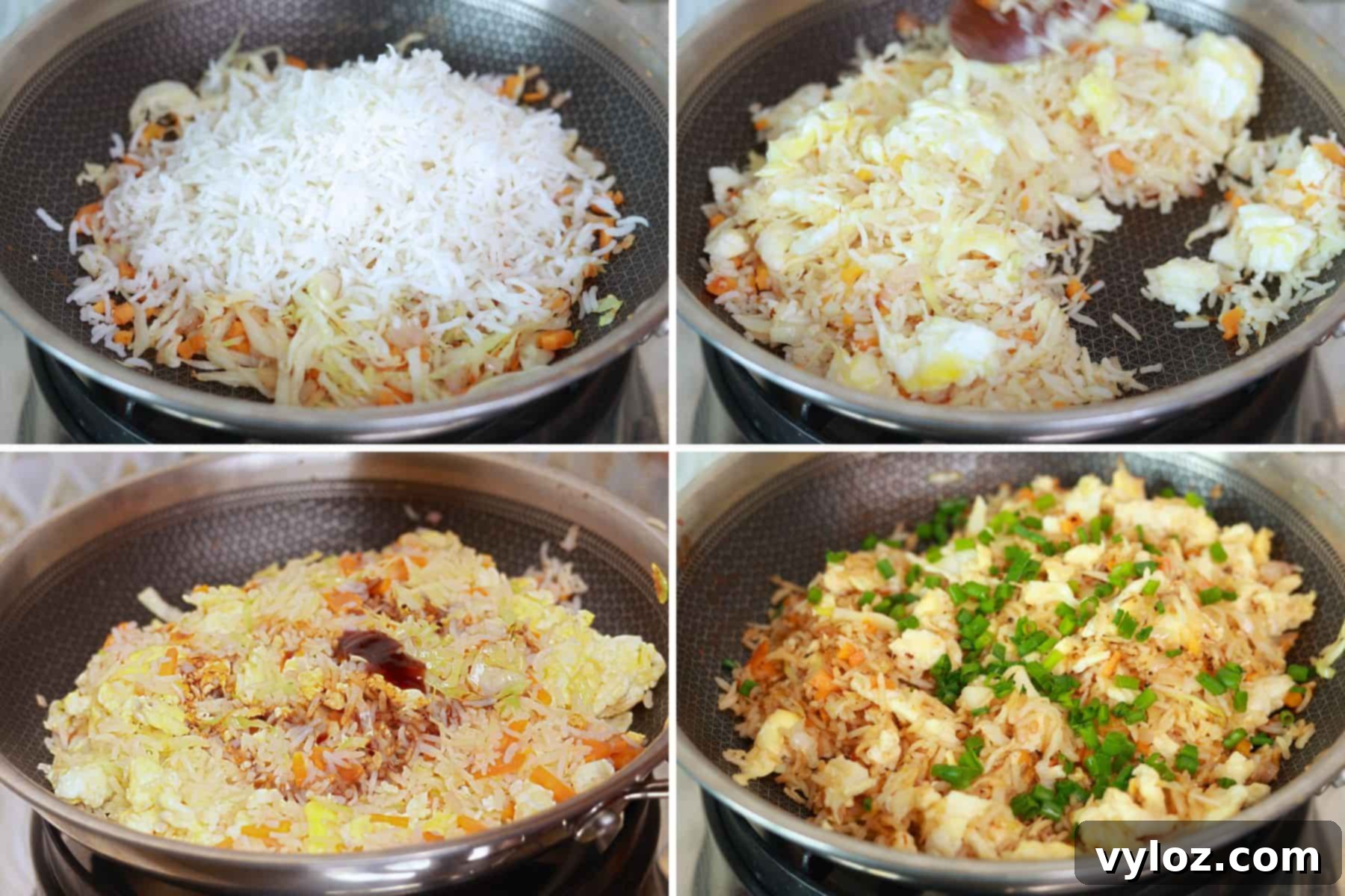 4 images showing adding rice, adding egg, sauces and seasoning, and stirring everything together.