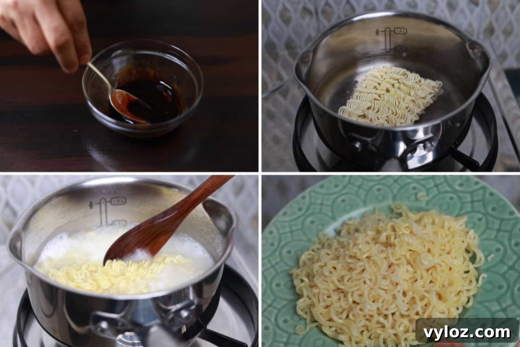 4 images showing making the sauce, cooking and draining the indomie noodles.