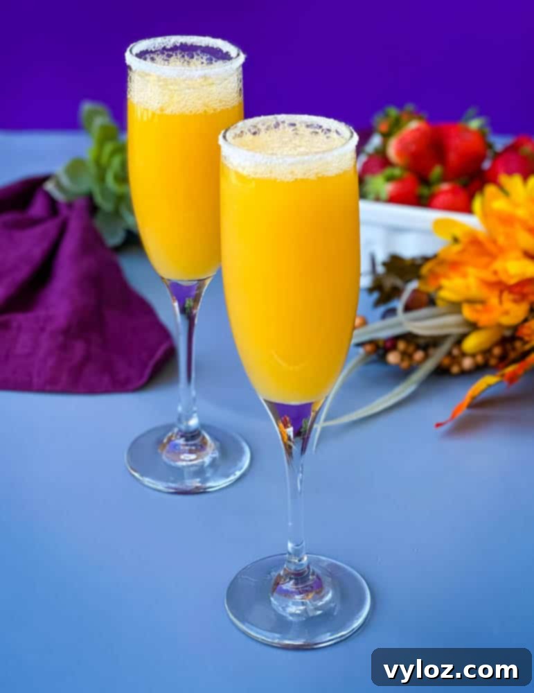 Effortless Peach Bellini Bliss 2 Perfect Peach Bellini cocktail in a elegant champagne flute, garnished with a peach slice.