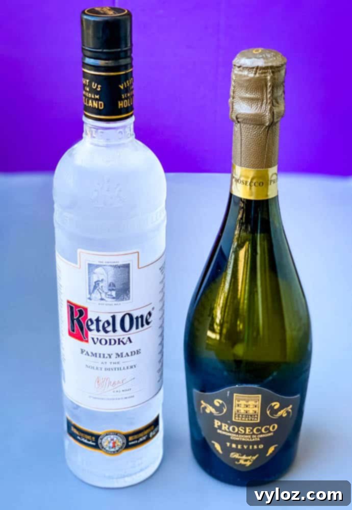 Effortless Peach Bellini Bliss 3 Bottles of premium vodka and sparkling Prosecco wine, ready for making delicious Peach Bellinis.