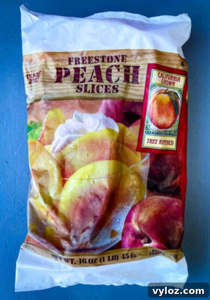 Effortless Peach Bellini Bliss 4 A bag of high-quality frozen peaches, ideal for making a quick and chilled peach puree for Bellinis.
