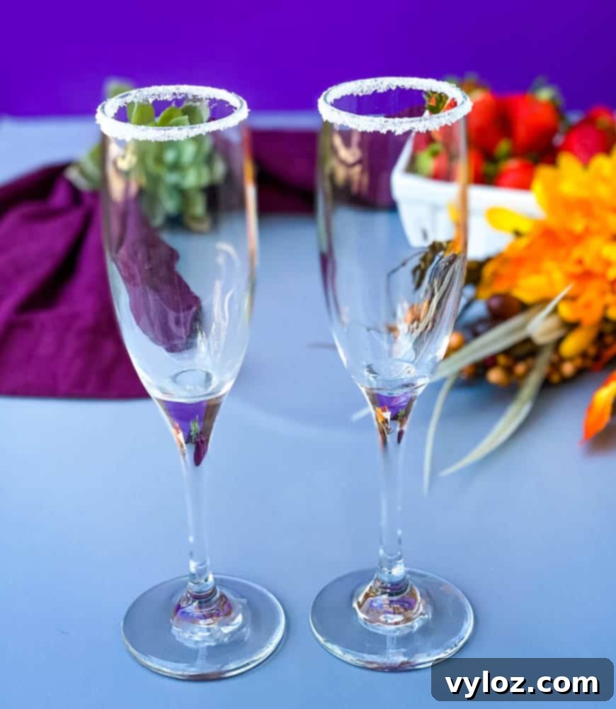 Effortless Peach Bellini Bliss 9 Elegant champagne flutes with rims delicately lined with sugar, ready to be filled with Peach Bellinis.