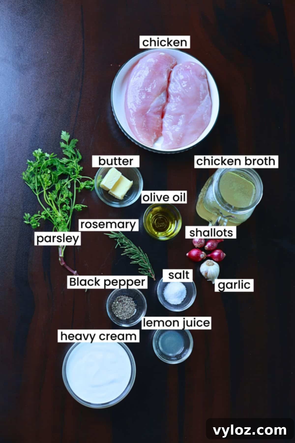 Assortment of fresh ingredients for creamy garlic chicken, including chicken, shallots, garlic, and herbs, arranged on a rustic brown background.