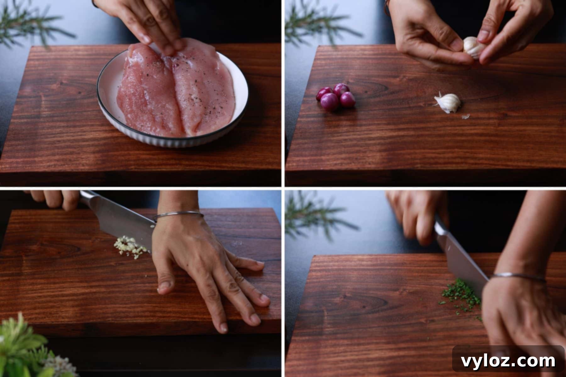 Four images showing the preparation steps: seasoning chicken, mincing garlic, and mincing parsley.
